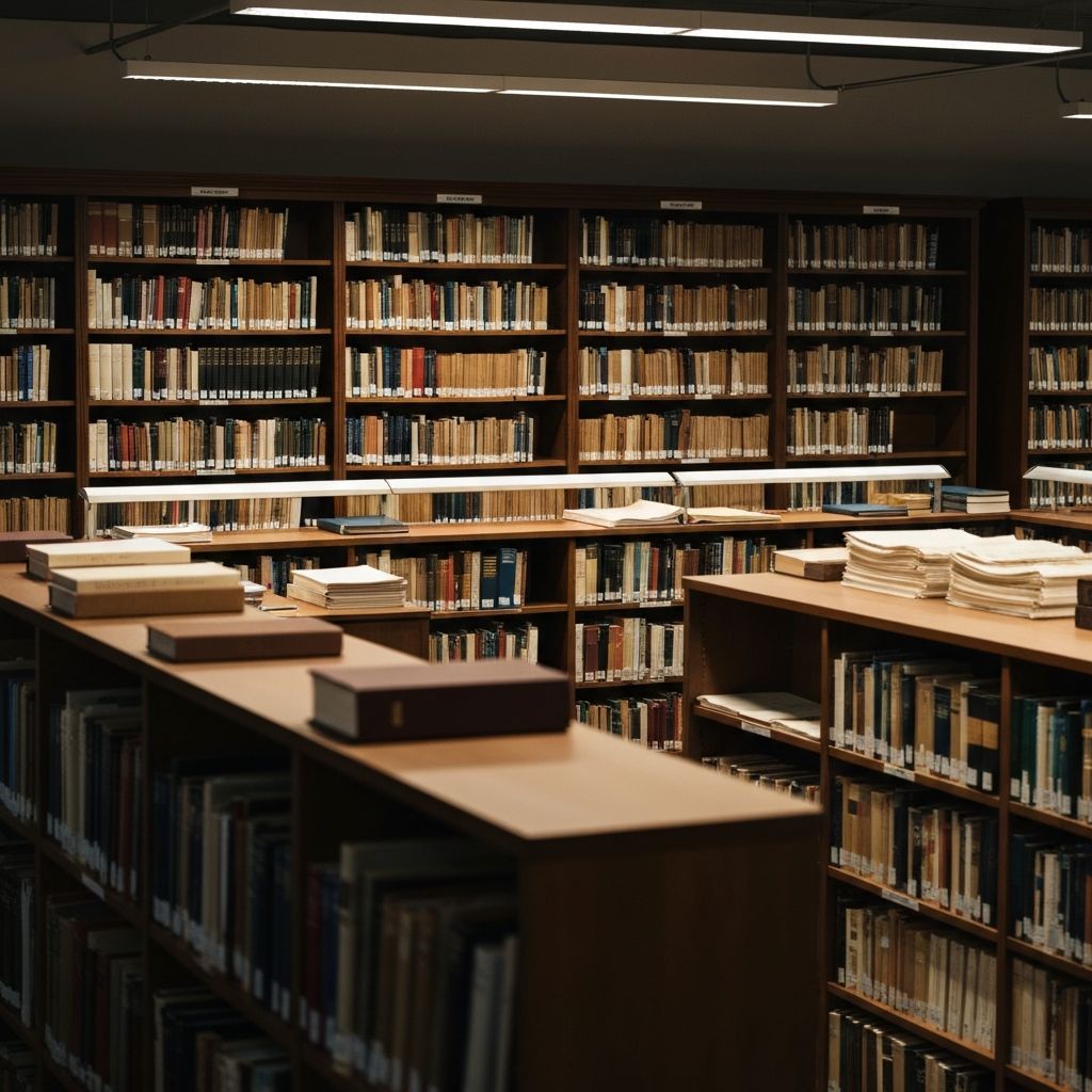 Bibliothek oder Archiv mit organisierten Forschungsmaterialien, Dokumenten und Büchern