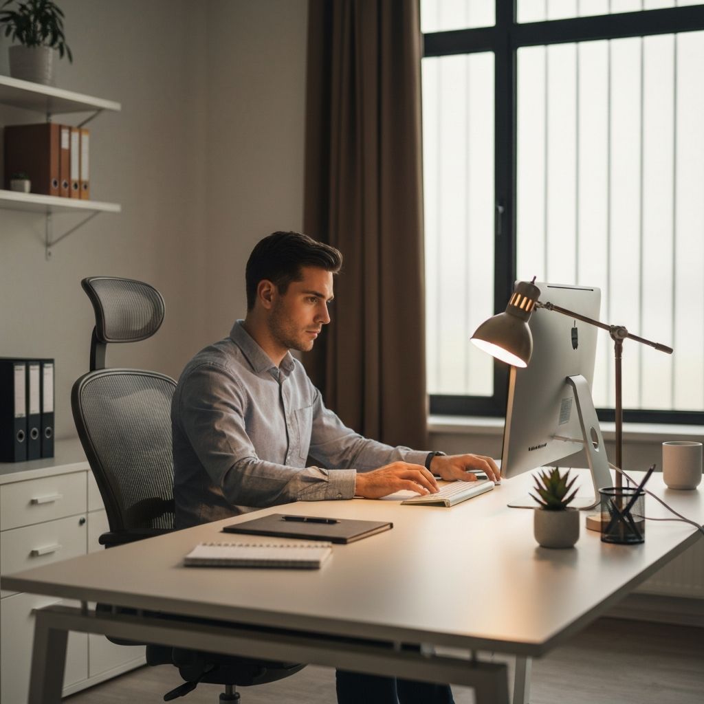 Moderner Arbeitsplatz mit Computer, Schreibtischlampe und ergonomischem Stuhl