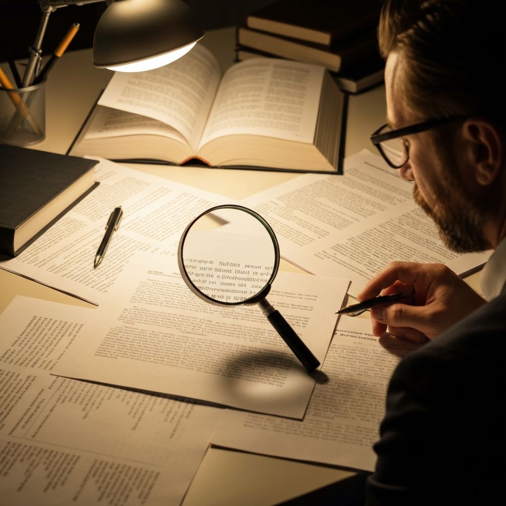 Faktenchecking-Szene mit Lupe über Text und Dokumenten, analytischer Arbeitsplatz