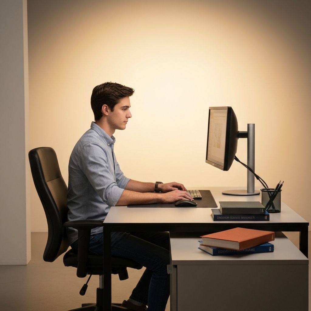 Ergonomischer Arbeitsplatz mit korrekter Bildschirmpositionierung und Sitzhaltung