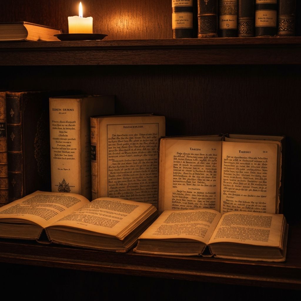 Antike Bücher und Manuskripte auf Holzregal, symbolisiert historische Sehpraktiken