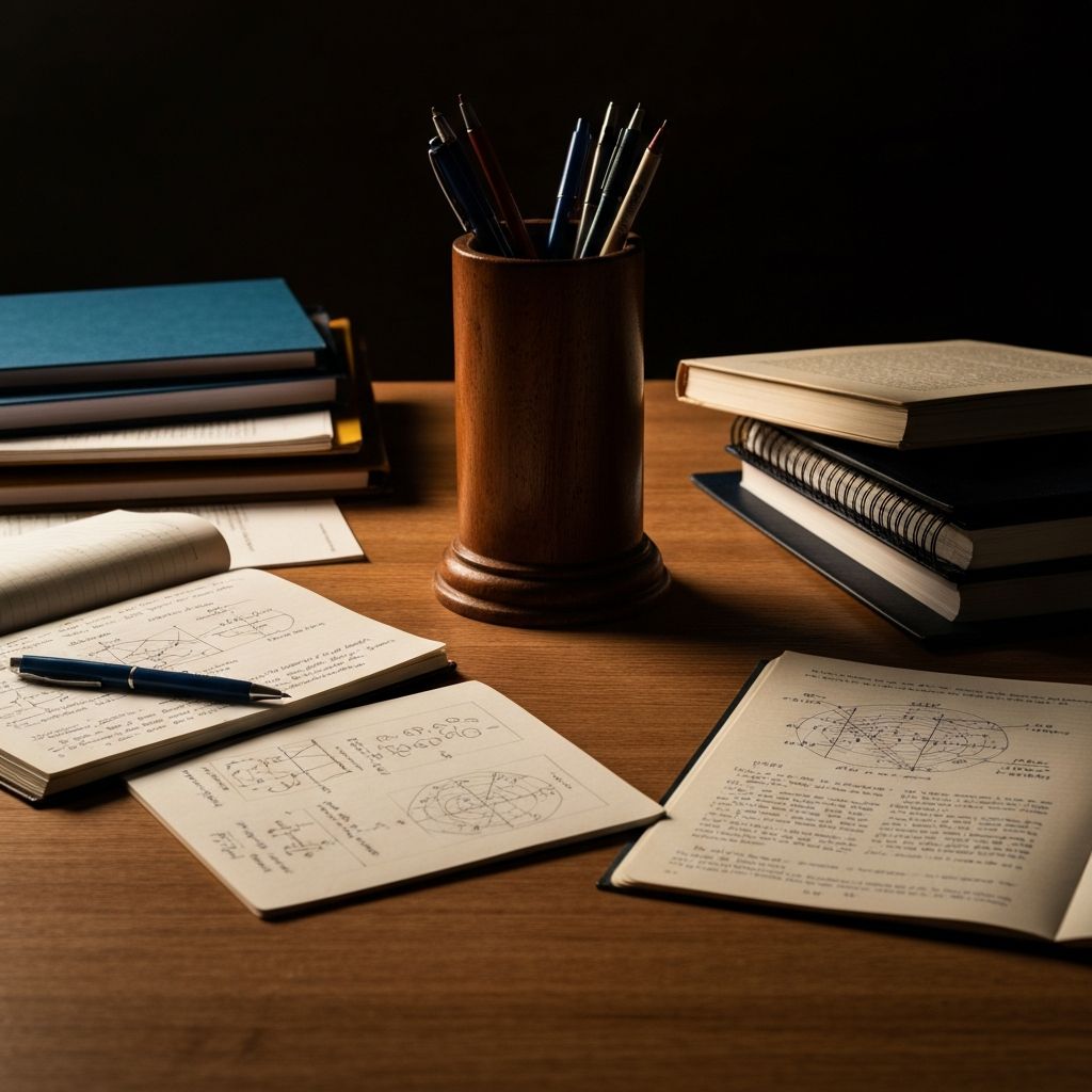 Lernmaterialien und organisierte Arbeitsfläche, symbolisiert strukturierte Wissensvermittlung